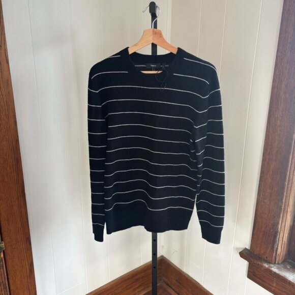Theory Haider Stripe Cashmere Black Crewneck Sweater Slim Fit Pullover Mens M - Picture 2 of 8
